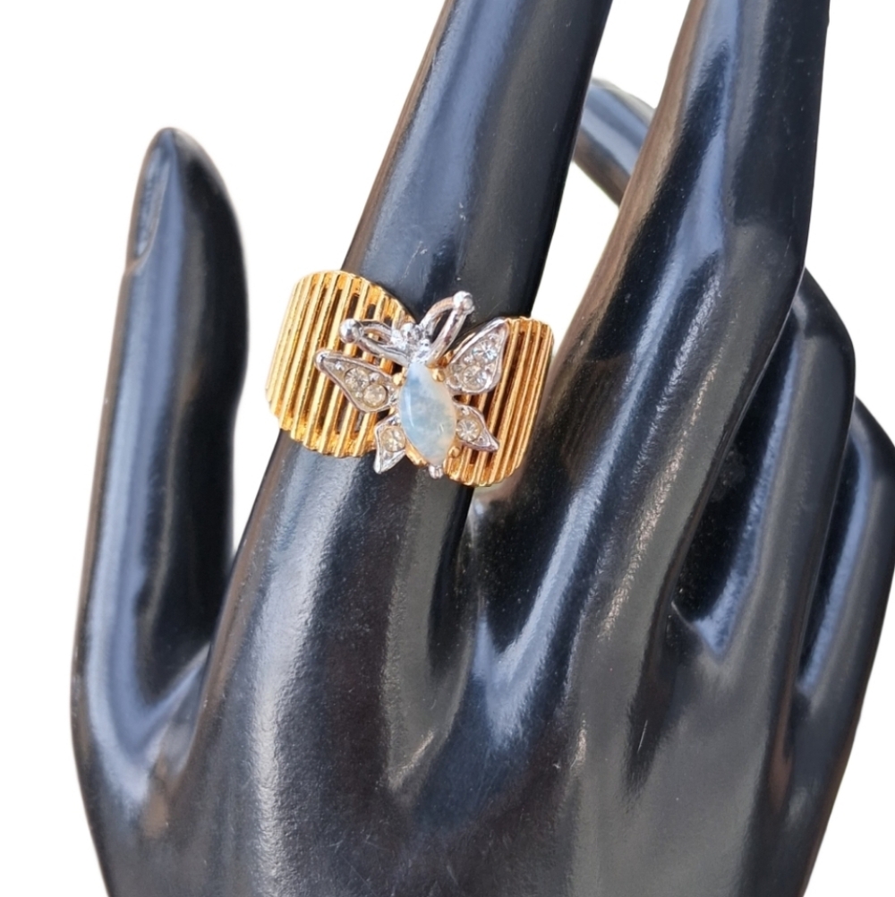 Vintage Anson 18K HGE Gold Moonstone & Rhinestone Butterfly Ring- Size 8